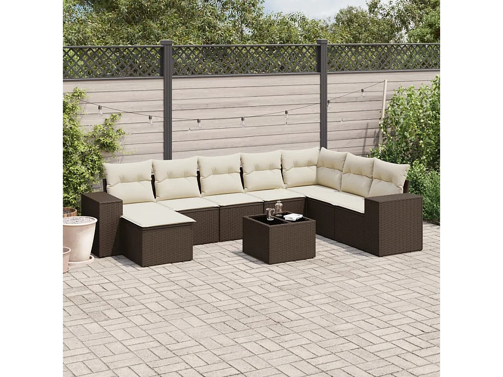 9-tlg. Garten-Sofagarnitur mit Kissen Braun Poly Rattan