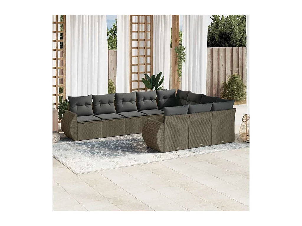 10-tlg. Garten-Sofagarnitur mit Kissen Hellgrau Poly Rattan