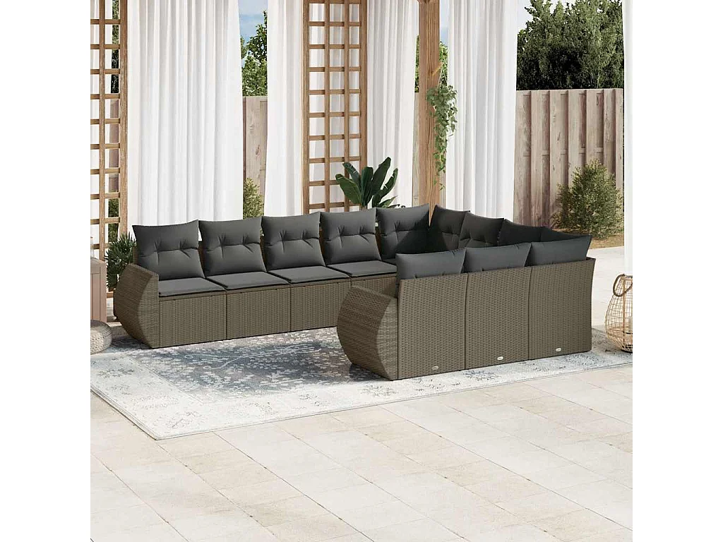 10-tlg. Garten-Sofagarnitur mit Kissen Hellgrau Poly Rattan