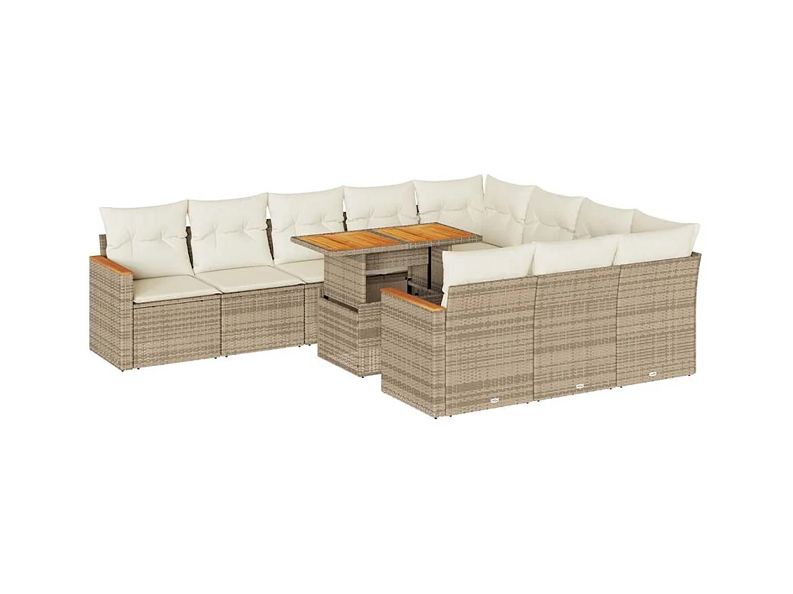 11-tlg. Garten-Sofagarnitur mit Kissen Beige Poly Rattan Akazie