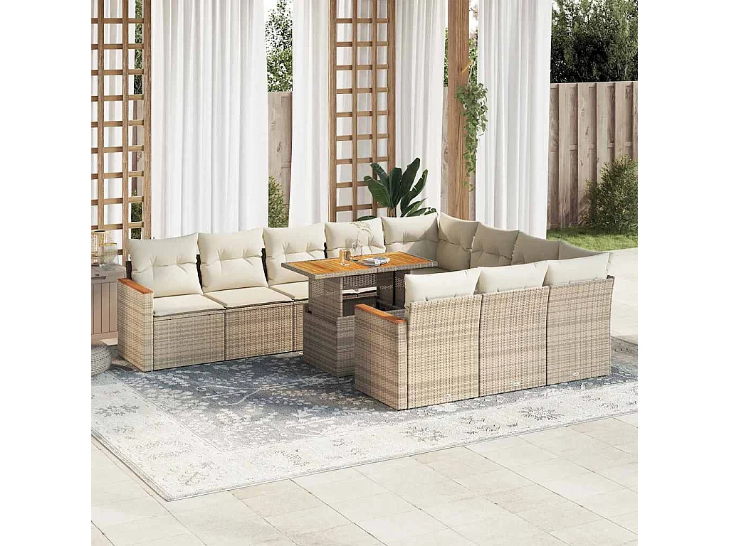 11-tlg. Garten-Sofagarnitur mit Kissen Beige Poly Rattan Akazie