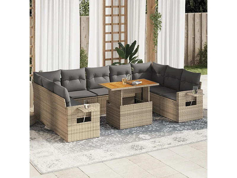 10-tlg. Garten-Sofagarnitur mit Kissen Beige Poly Rattan