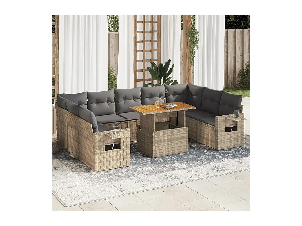 Set Divano da Giardino 10 pz con Cuscini Beige in Polyrattan