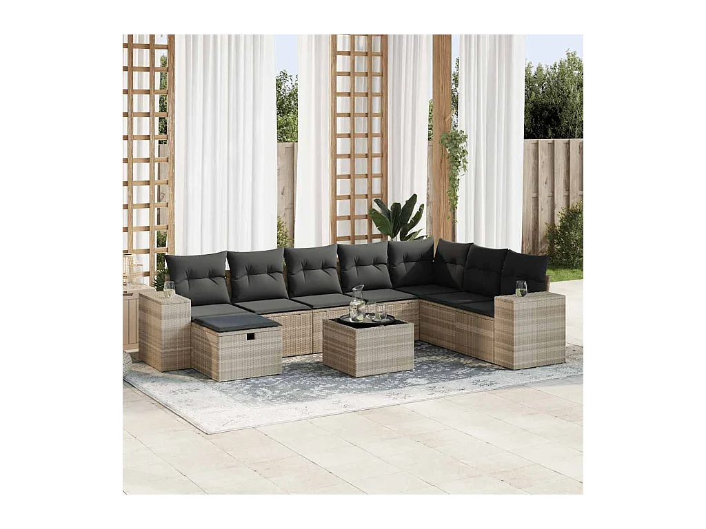 Set Divano da Giardino 9pz con Cuscini Grigio Chiaro Polyrattan