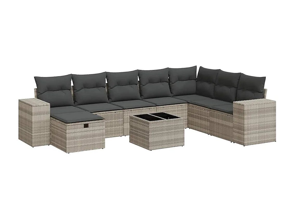 Salon de jardin 9 pcs avec coussins gris clair résine tressée