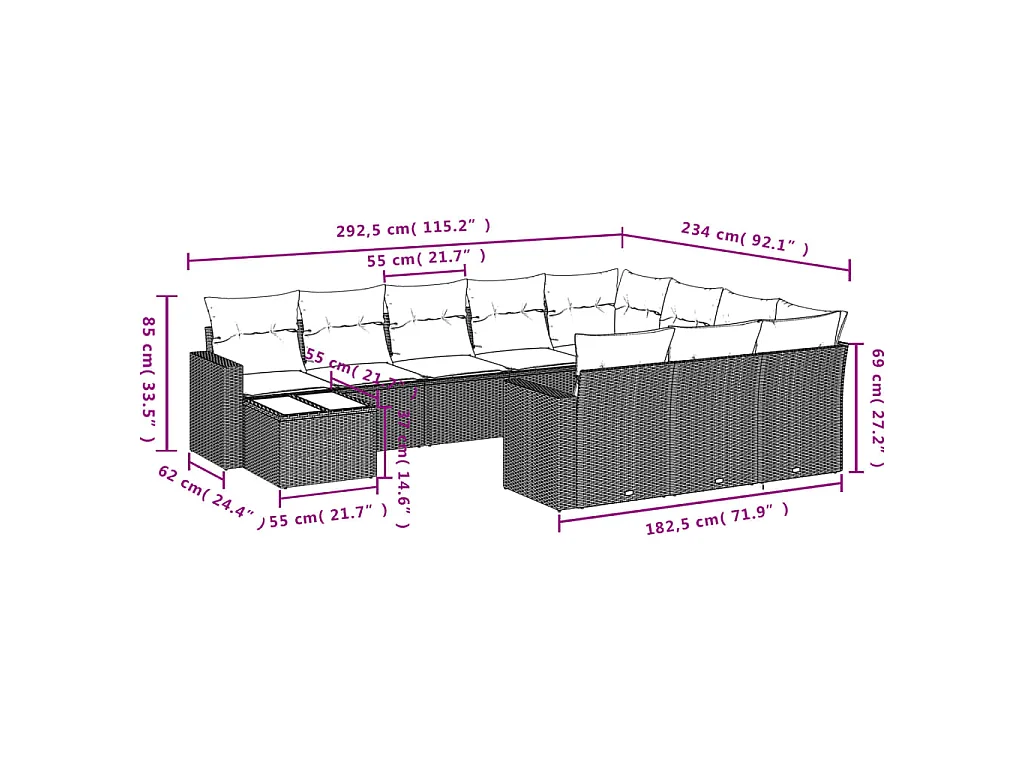 11-tlg. Garten-Sofagarnitur mit Kissen Braun Poly Rattan