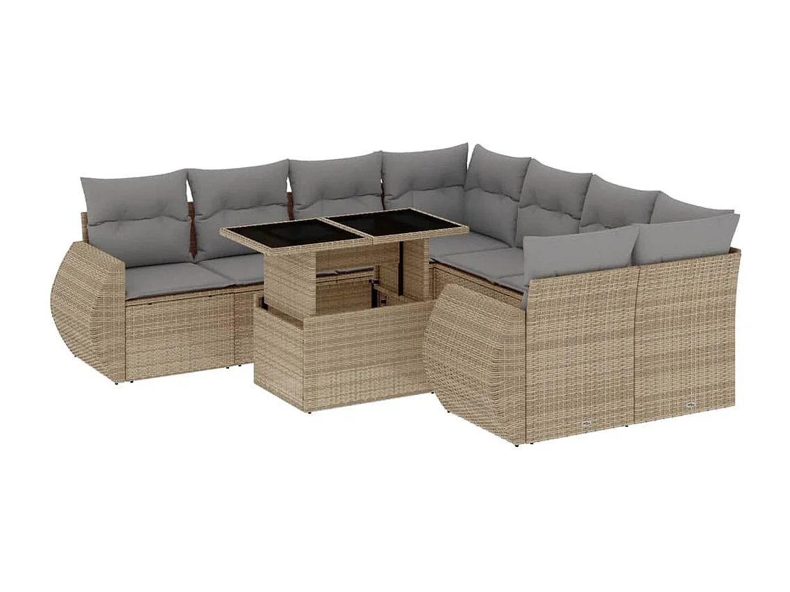 Salon de jardin avec coussins 9 pcs beige résine tressée