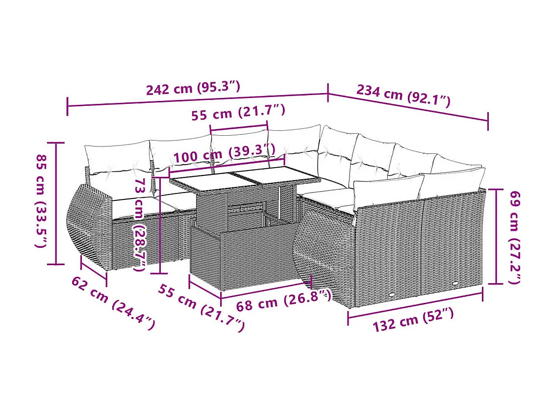 Salon de jardin avec coussins 9 pcs beige résine tressée