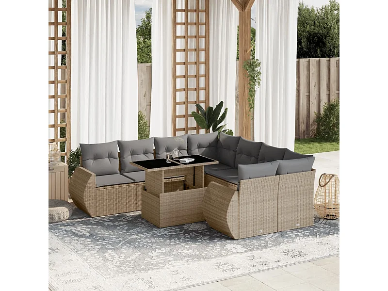 Salon de jardin avec coussins 9 pcs beige résine tressée
