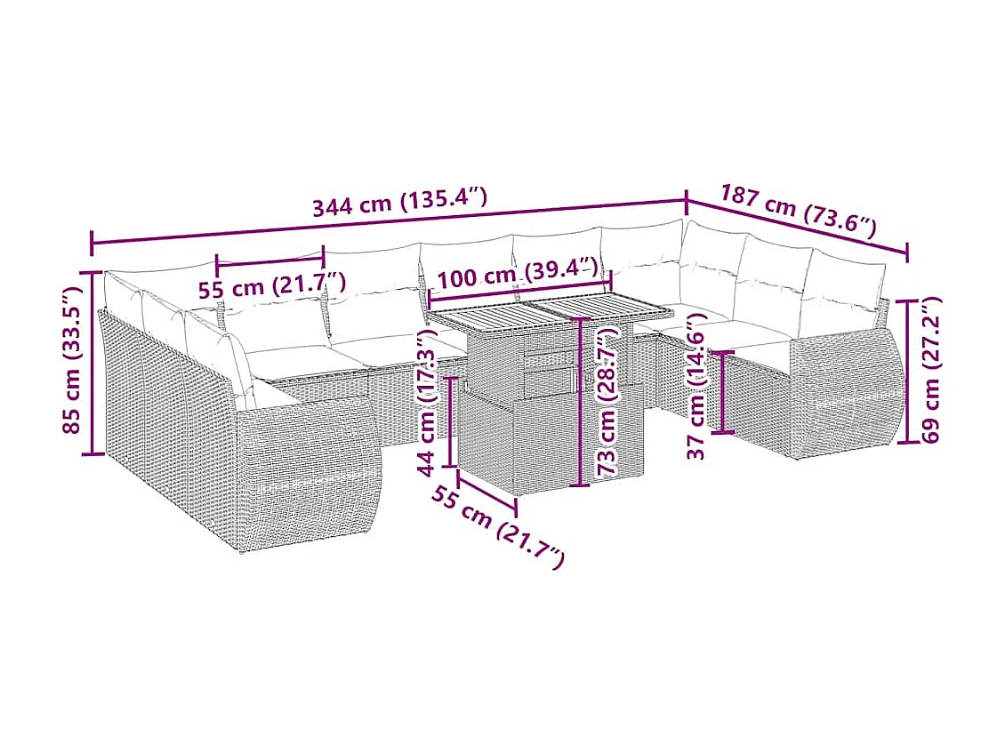 11 pcs conjunto sofás de jardim c/ almofadões vime PE bege