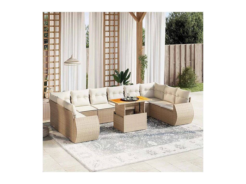 Salon de jardin 11 pcs avec coussins beige résine tressée