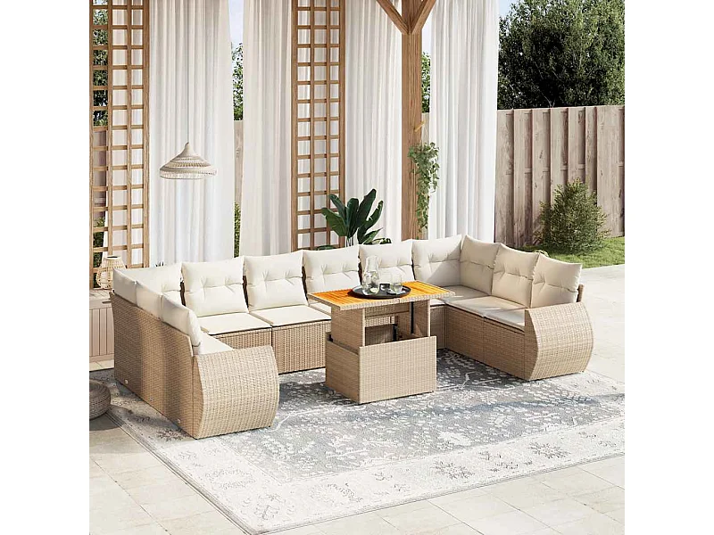 Salon de jardin 11 pcs avec coussins beige résine tressée