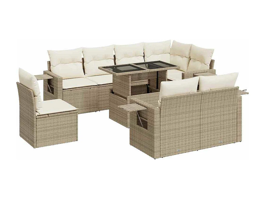 9-delige Loungeset met kussens poly rattan beige