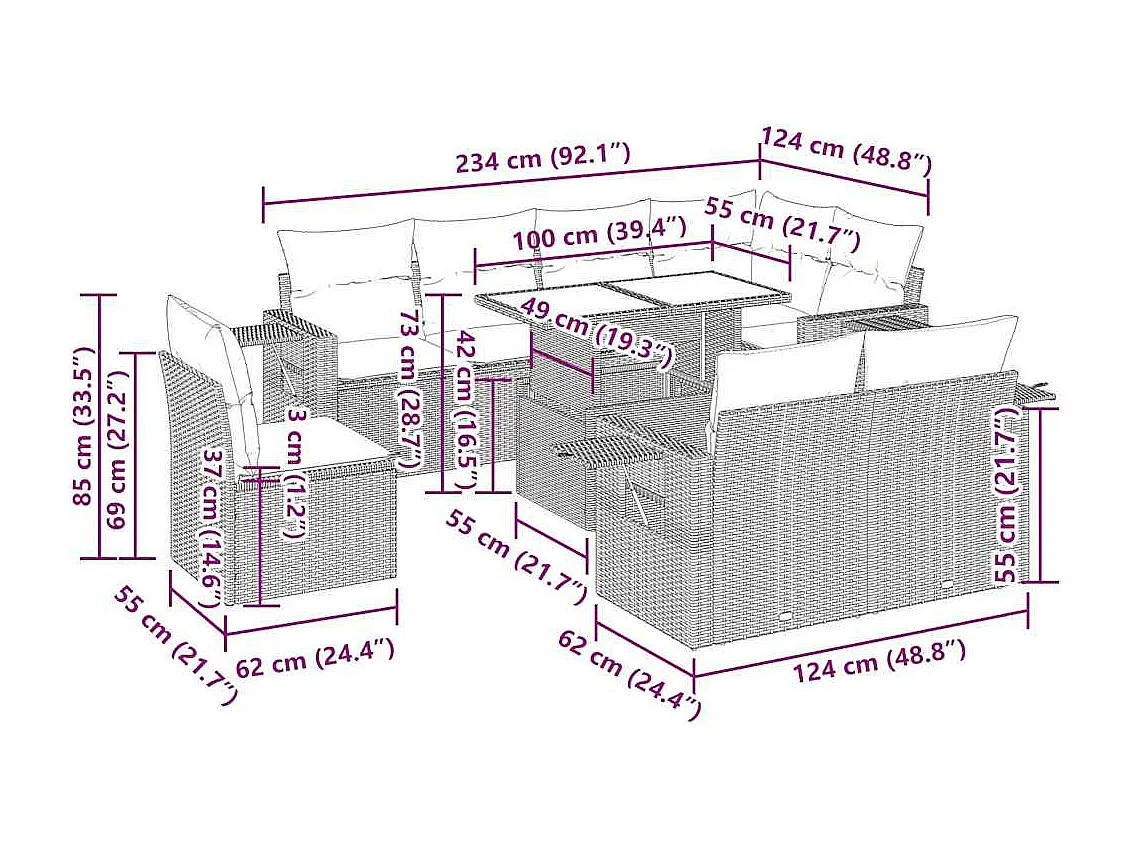 9-delige Loungeset met kussens poly rattan beige