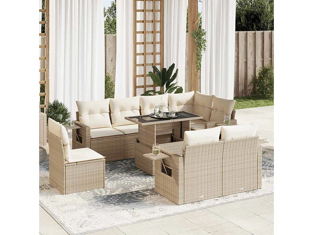 Salon de jardin avec coussins 9 pcs beige résine tressée