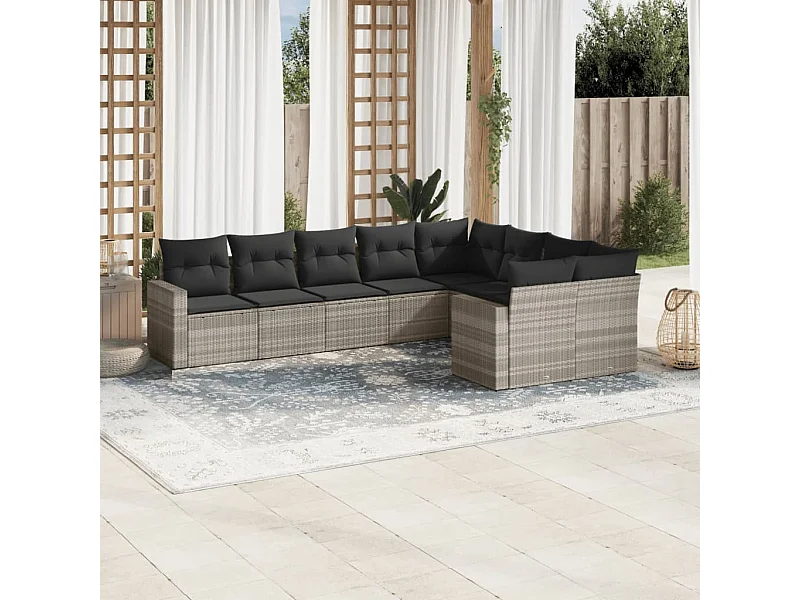 9-tlg. Garten-Sofagarnitur mit Kissen Hellgrau Poly Rattan