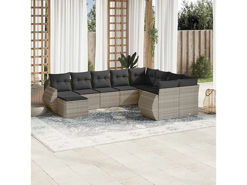 Salon de jardin avec coussins 10 pcs gris clair résine tressée