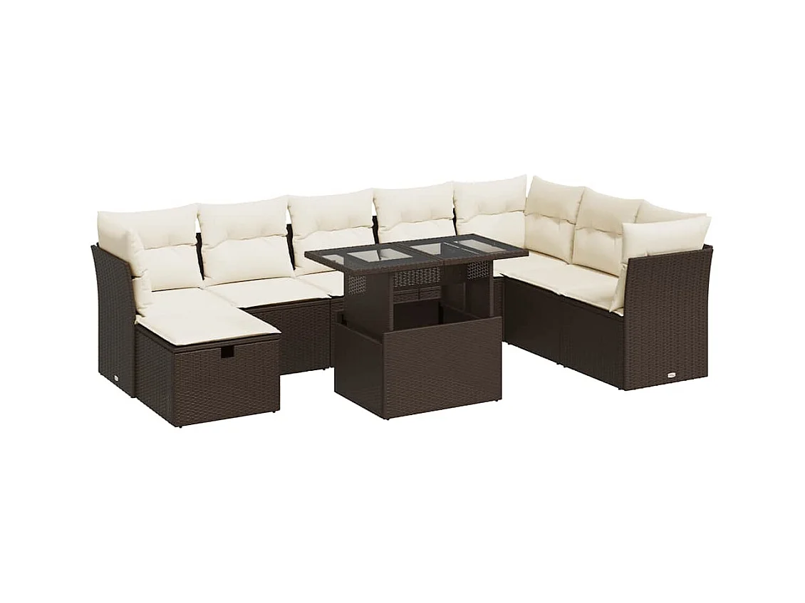 Salon de jardin avec coussins 9 pcs marron résine tressée