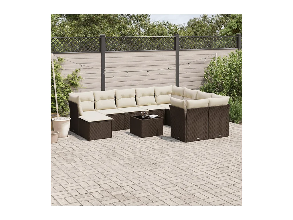 Salon de jardin et coussins 11 pcs marron résine tressée