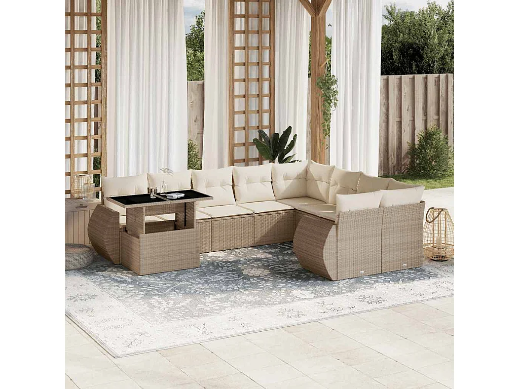 Set Divano da Giardino 10 pz con Cuscini Beige in Polyrattan