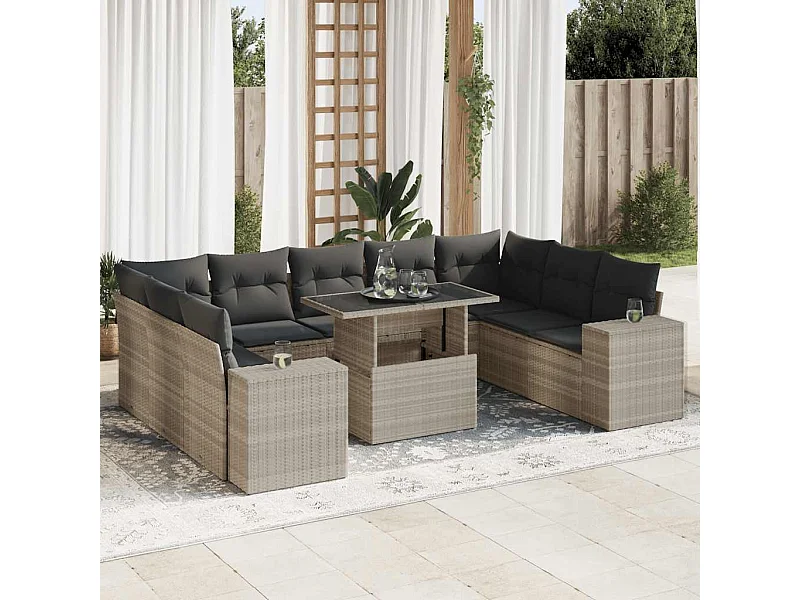 Set Divano Giardino 10 pz con Cuscini Grigio Chiaro Polyrattan