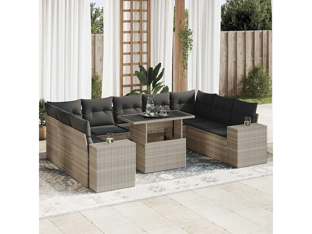 Salon de jardin avec coussins 10 pcs gris clair résine tressée