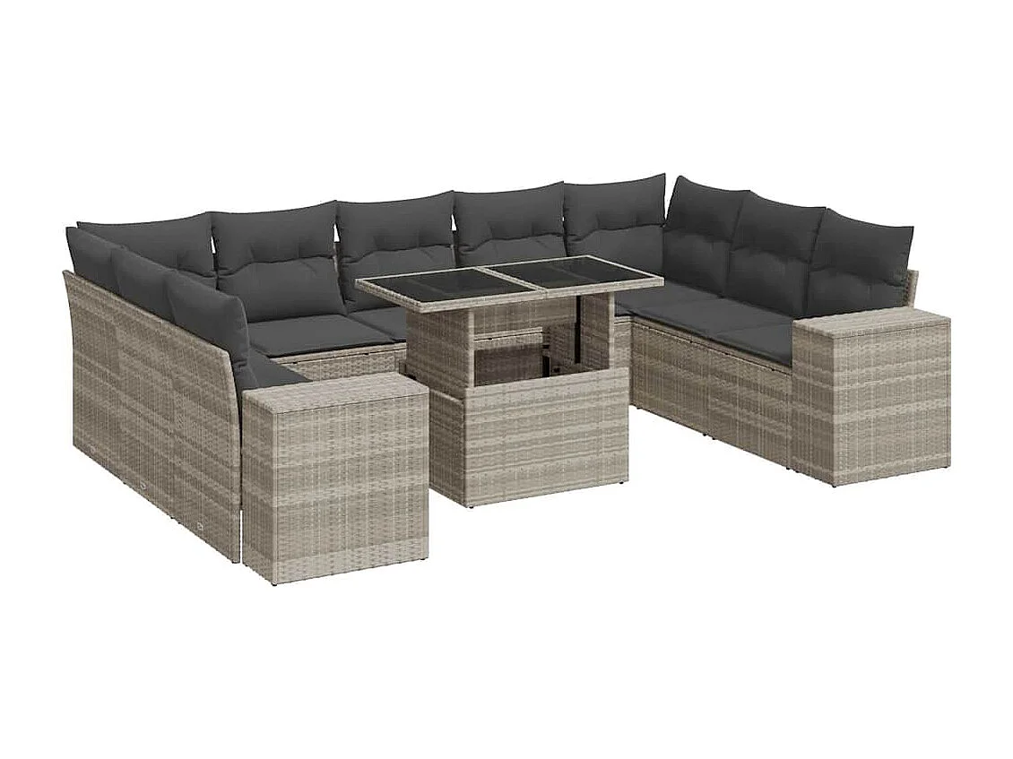 Salon de jardin avec coussins 10 pcs gris clair résine tressée