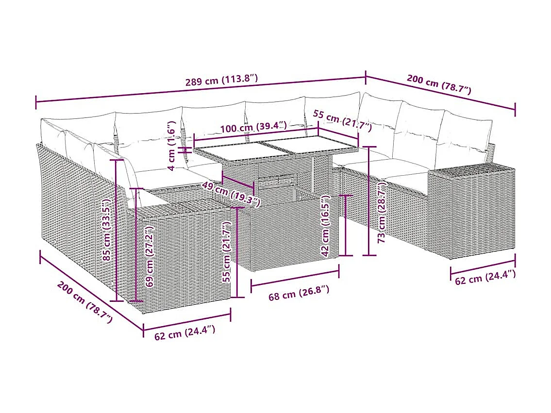 Salon de jardin avec coussins 10 pcs gris clair résine tressée