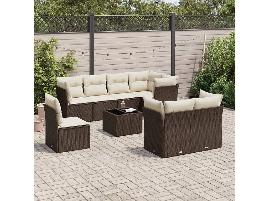 9-tlg. Garten-Sofagarnitur mit Kissen Braun Poly Rattan