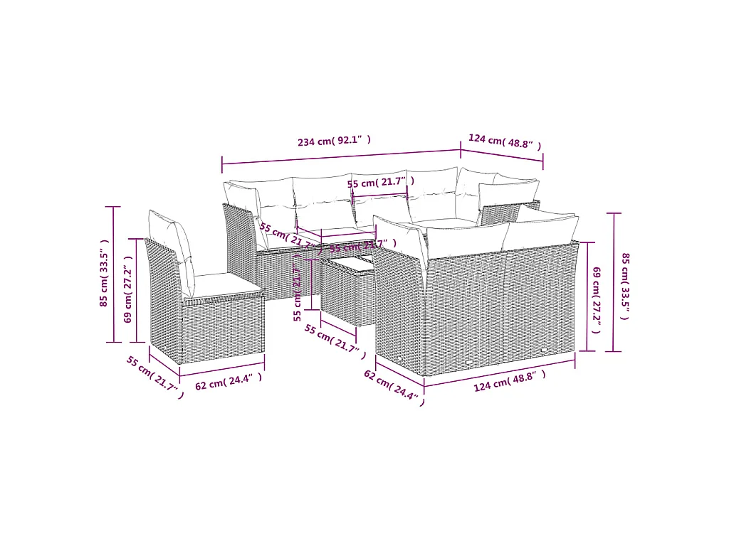 9-tlg. Garten-Sofagarnitur mit Kissen Braun Poly Rattan