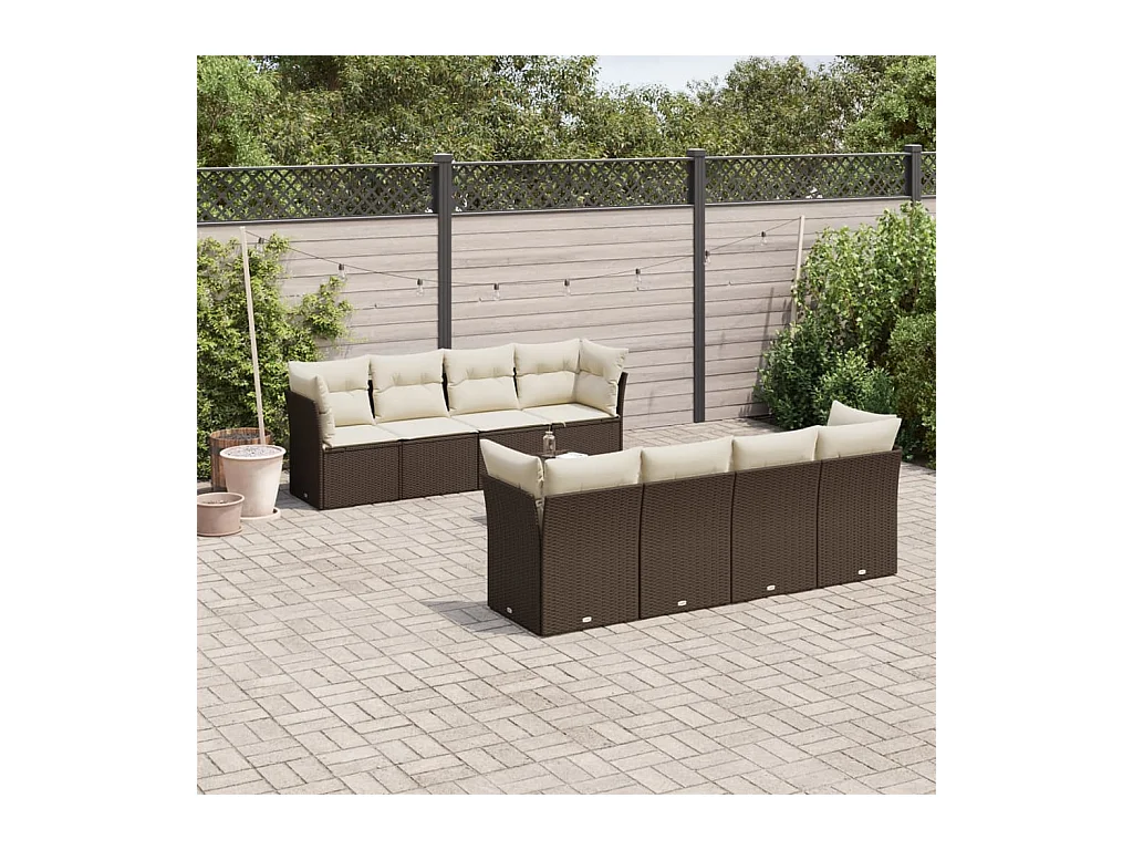 Salon de jardin avec coussins 9 pcs marron résine tressée