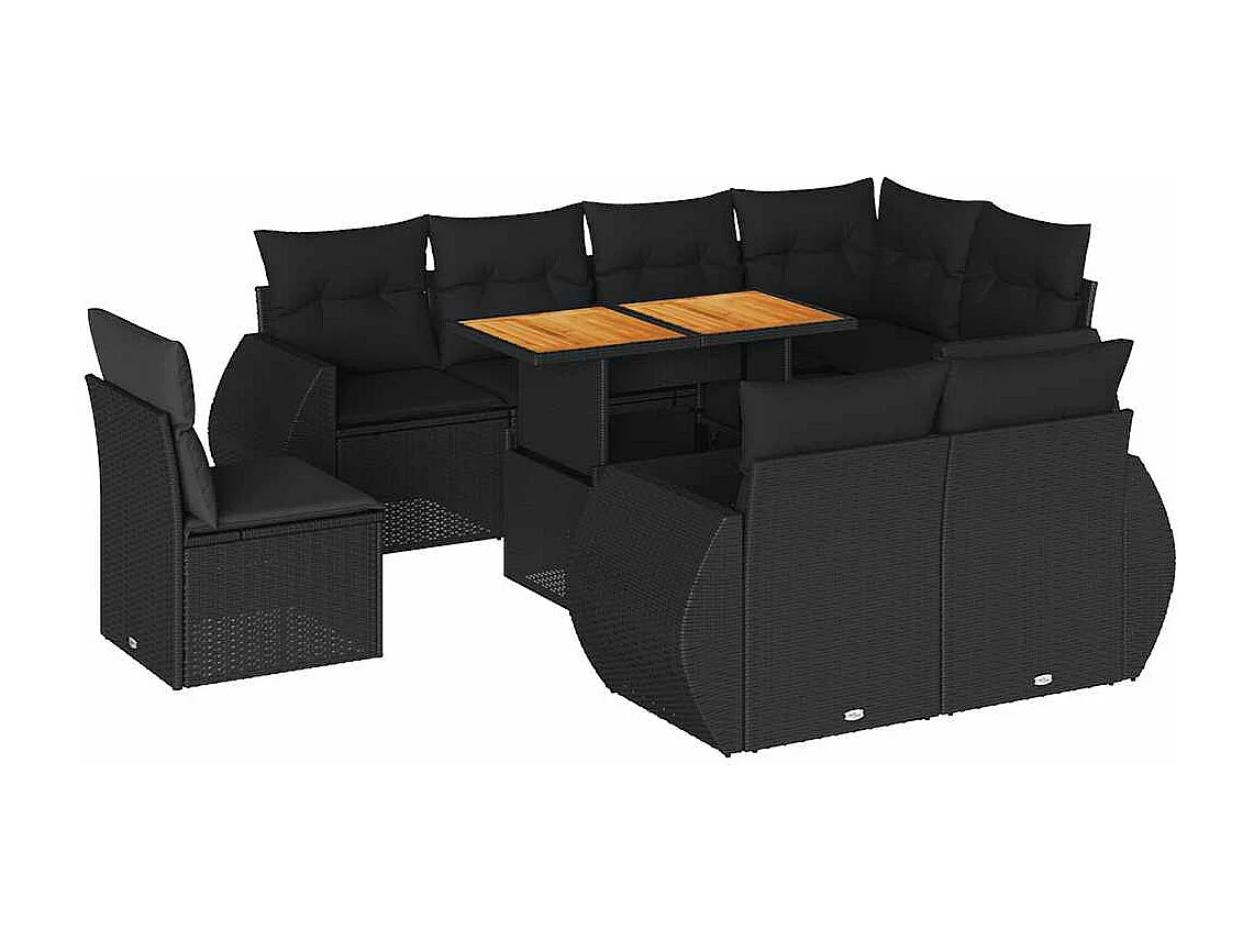 9-tlg. Garten-Sofagarnitur mit Kissen Schwarz Poly Rattan