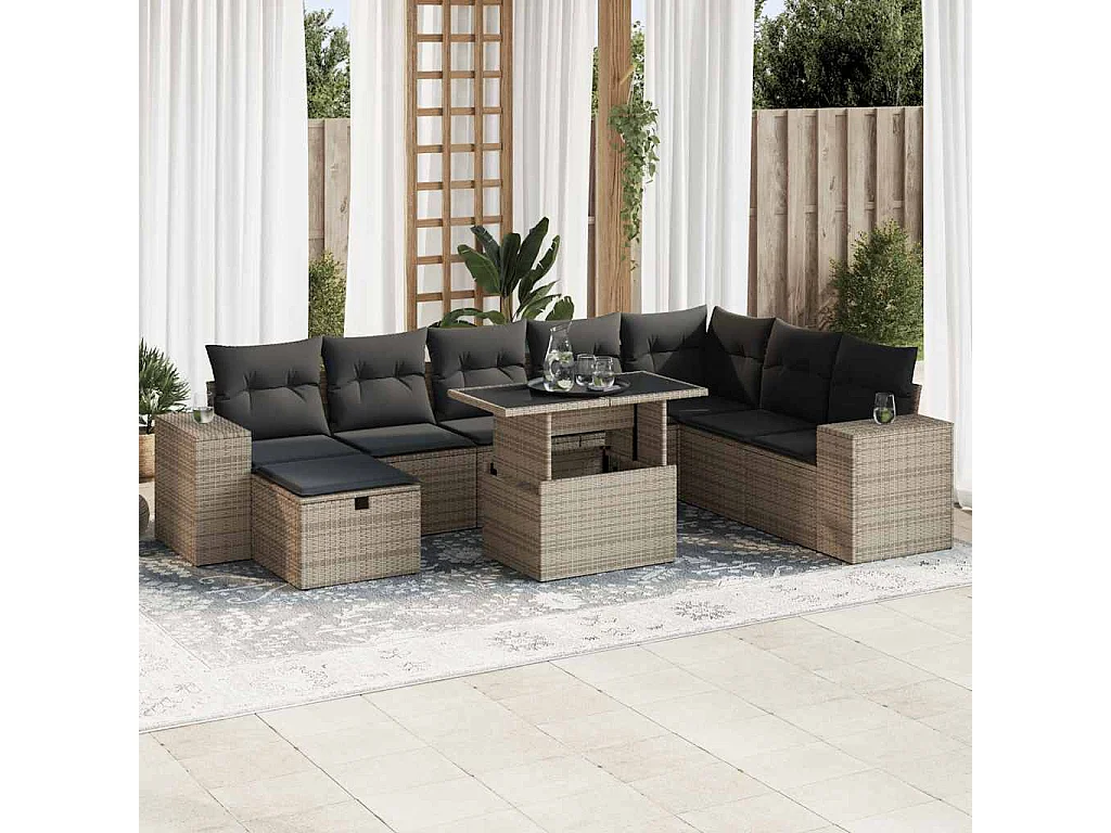 9 pcs conjunto sofás p/ jardim com almofadões vime PE cinzento