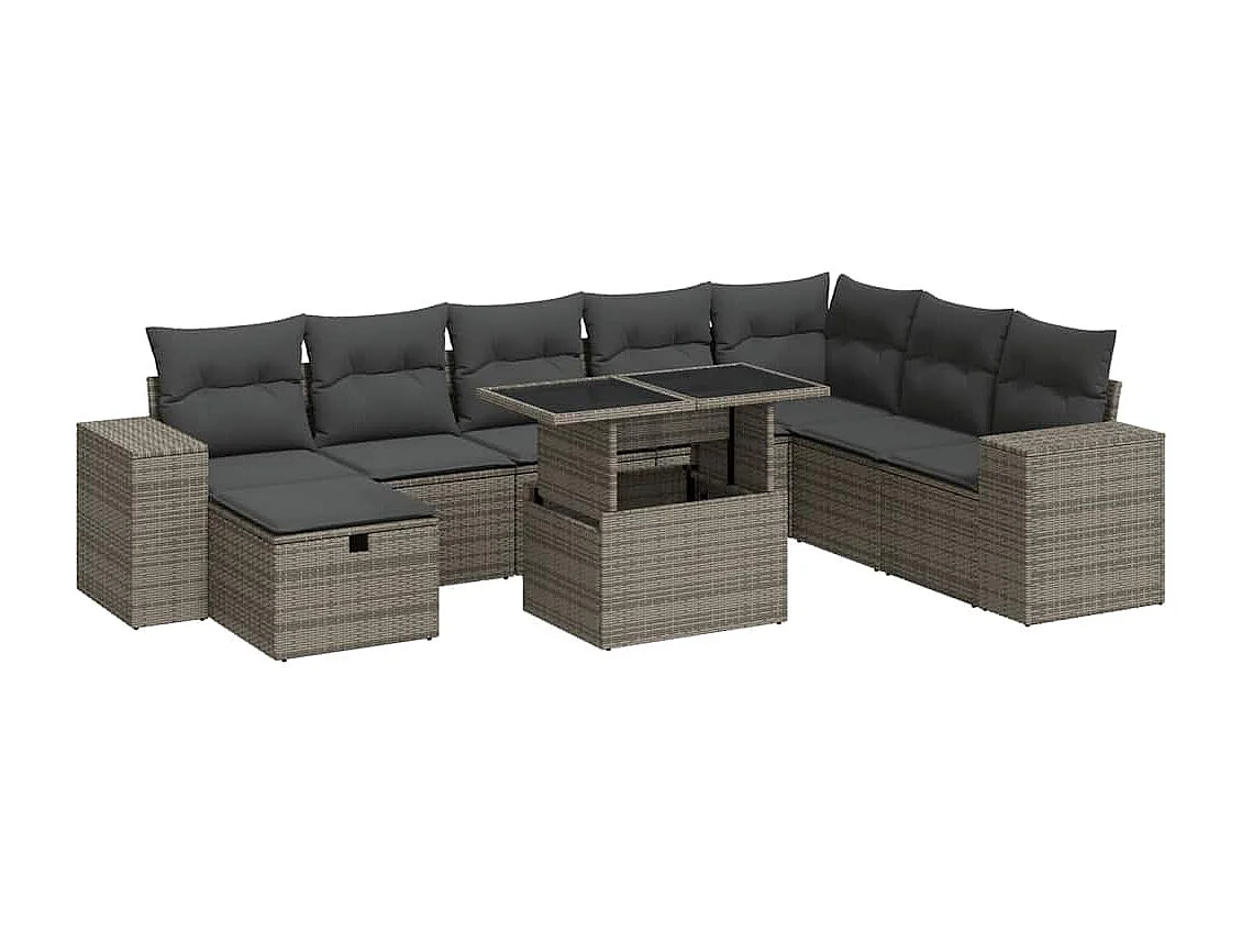 9 pcs conjunto sofás p/ jardim com almofadões vime PE cinzento