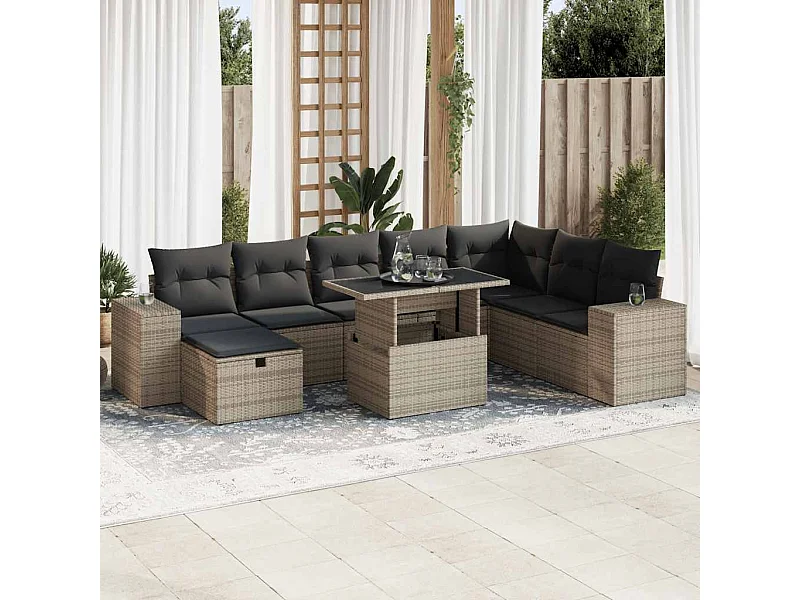 9 pcs conjunto sofás p/ jardim com almofadões vime PE cinzento