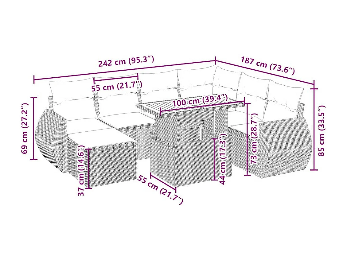 Salon de jardin avec coussins 8 pcs beige résine tressée