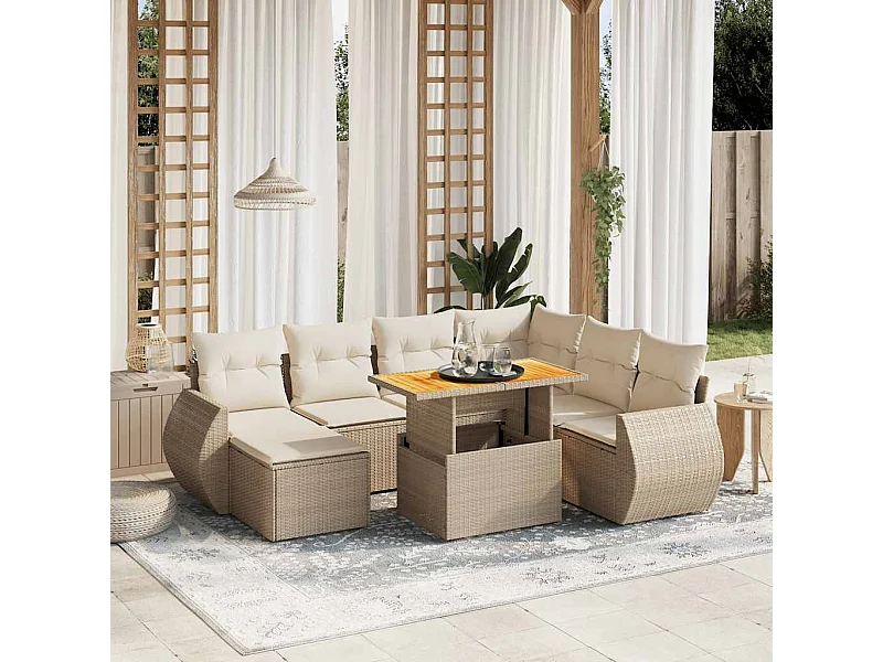 Salon de jardin avec coussins 8 pcs beige résine tressée