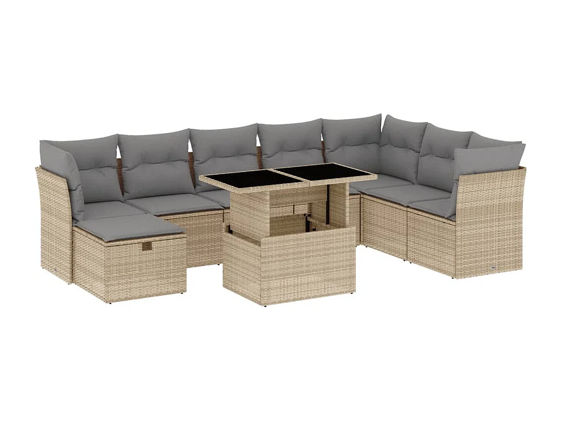 Set Divano da Giardino 9 pz con Cuscini Beige in Polyrattan