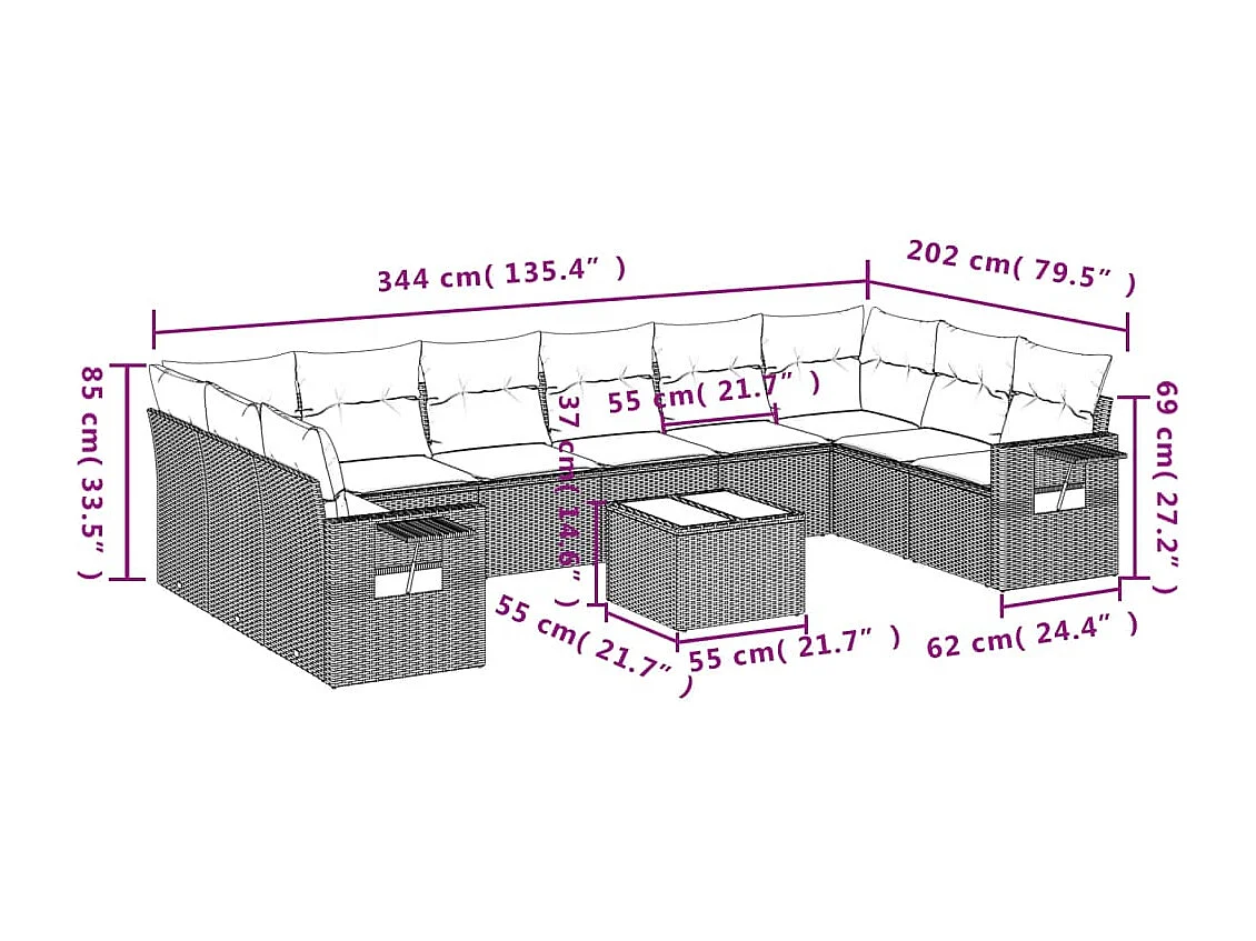 11-delige Loungeset met kussens poly rattan bruin
