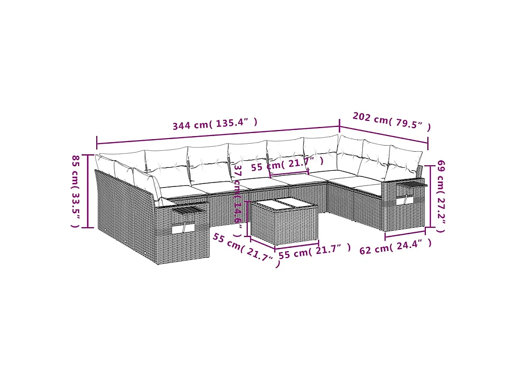 11-delige Loungeset met kussens poly rattan bruin