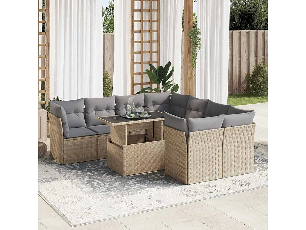 9-delige Loungeset met kussens poly rattan beige