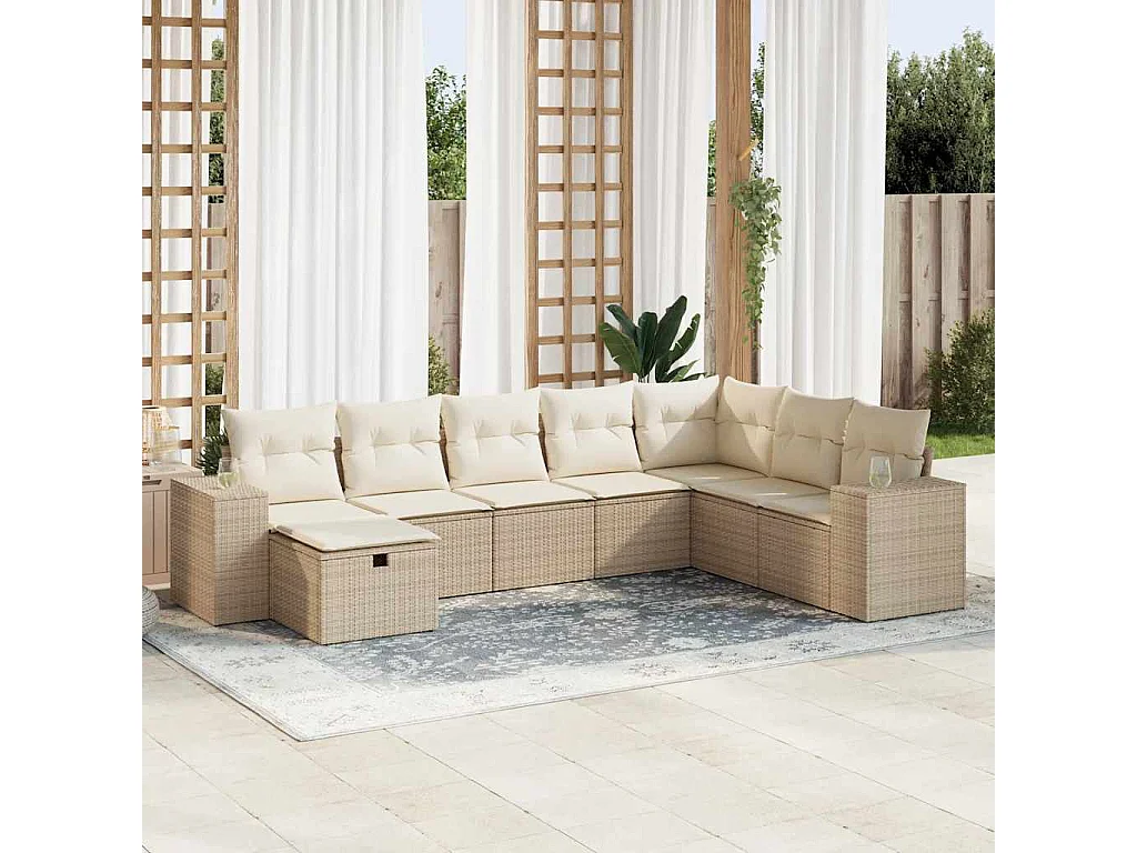 Set Divano da Giardino 8 pz con Cuscini Beige in Polyrattan