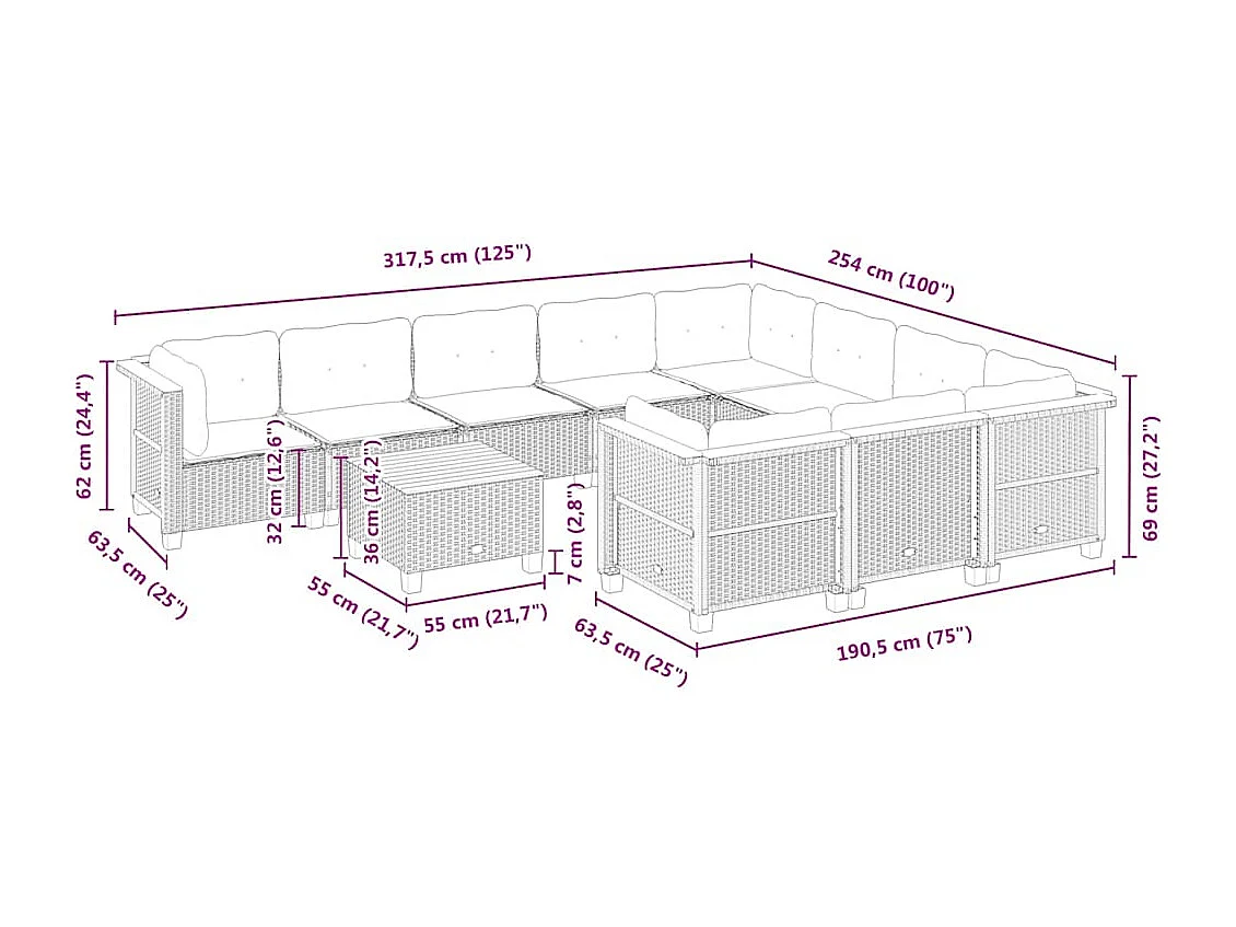 11 pcs conjunto sofás de jardim c/ almofadões vime PE bege