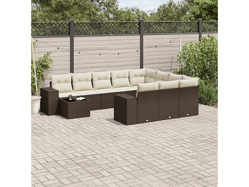 11-tlg. Garten-Sofagarnitur mit Kissen Braun Poly Rattan