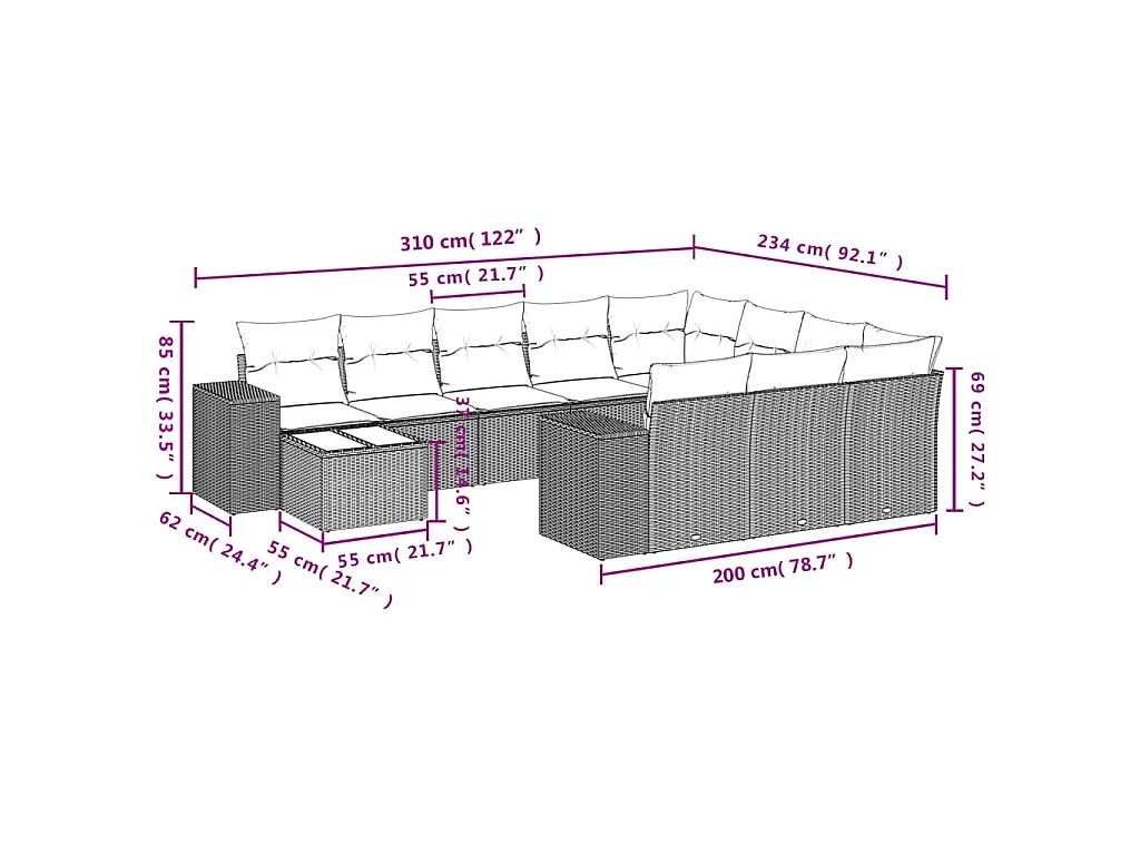 11-delige Loungeset met kussens poly rattan bruin
