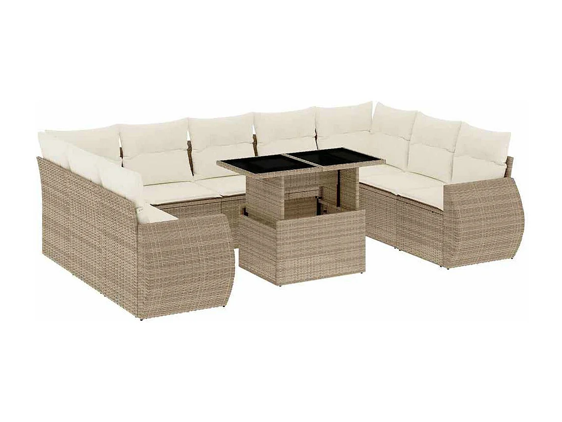 Salon de jardin avec coussins 10 pcs beige résine tressée