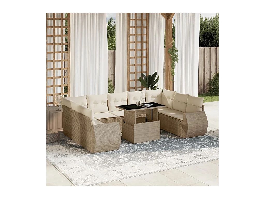 Salon de jardin avec coussins 10 pcs beige résine tressée