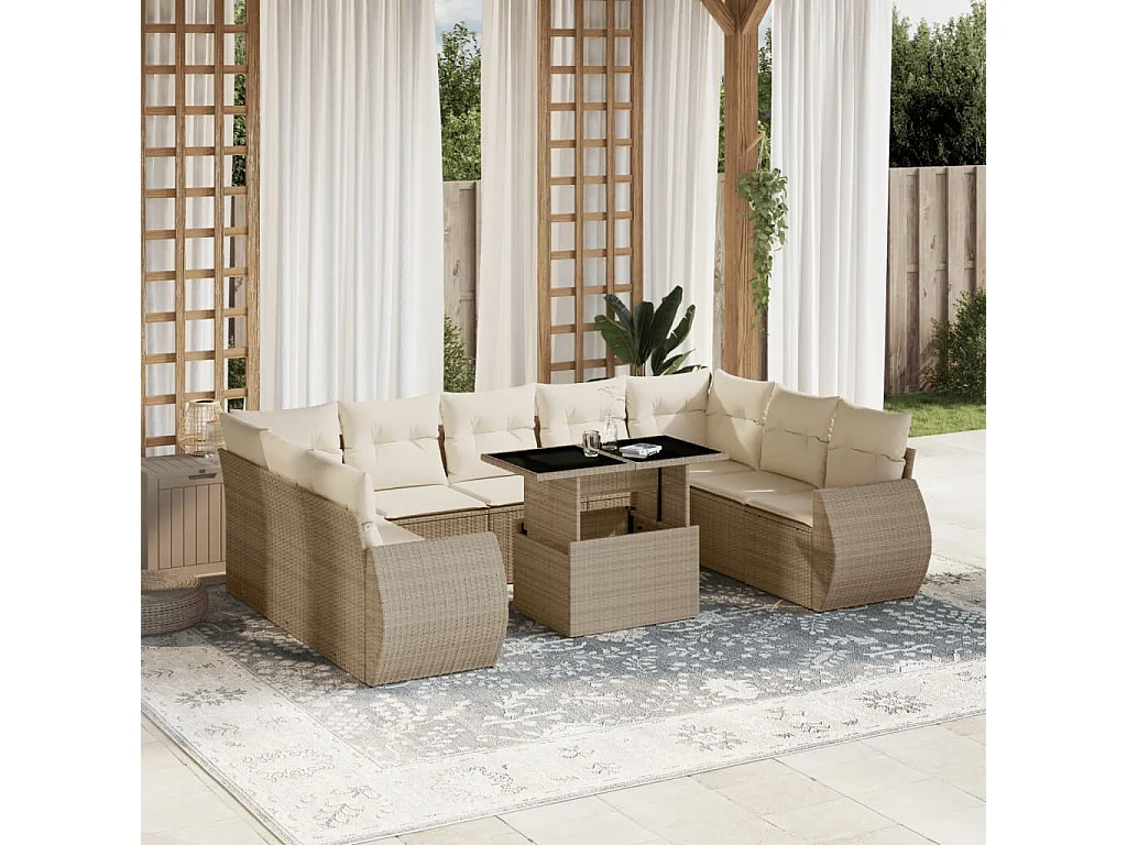 10-tlg. Garten-Sofagarnitur mit Kissen Beige Poly Rattan