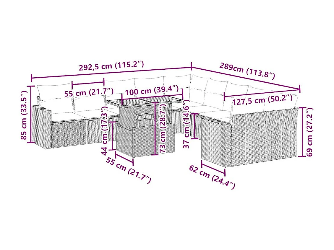 11 pcs conjunto sofás de jardim c/ almofadões vime PE bege