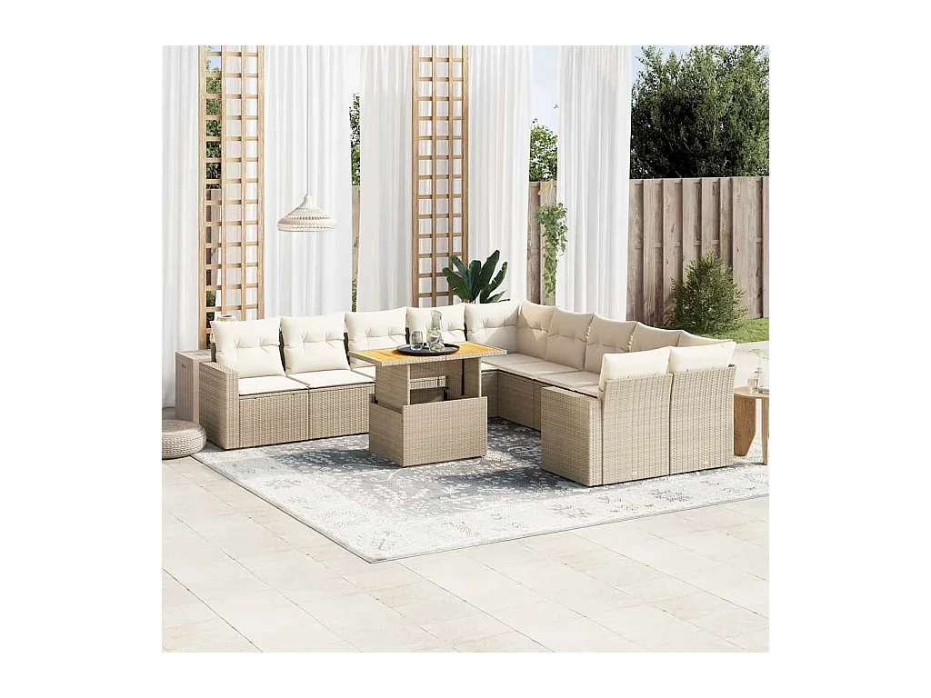 Salon de jardin 11 pcs avec coussins beige résine tressée